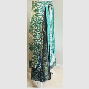 Vtg 100% Silk Boho Maxi Skirt Reversible Green Hippie Grunge Fairy Floral CYN OS